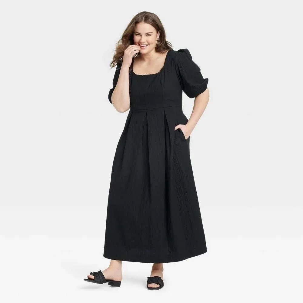 Black Milkmaid Square Neck Crinkle Puff‎ Sleeve Maxi Dress Size Large Cottage